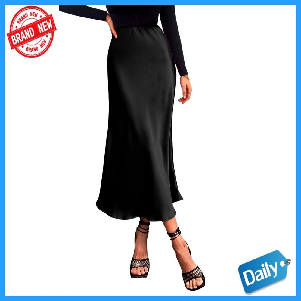 Satin Midi Skirt High Waisted Elegant Flowy A Line Cocktail Wedding Casual